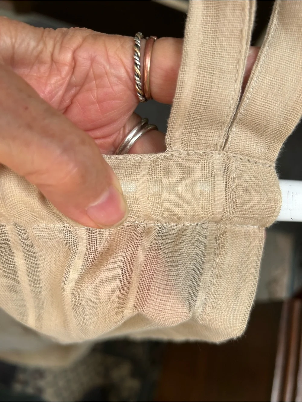 Martha Stewart Beige Tab-Top Window Curtain Pair - semi sheer striped pattern
